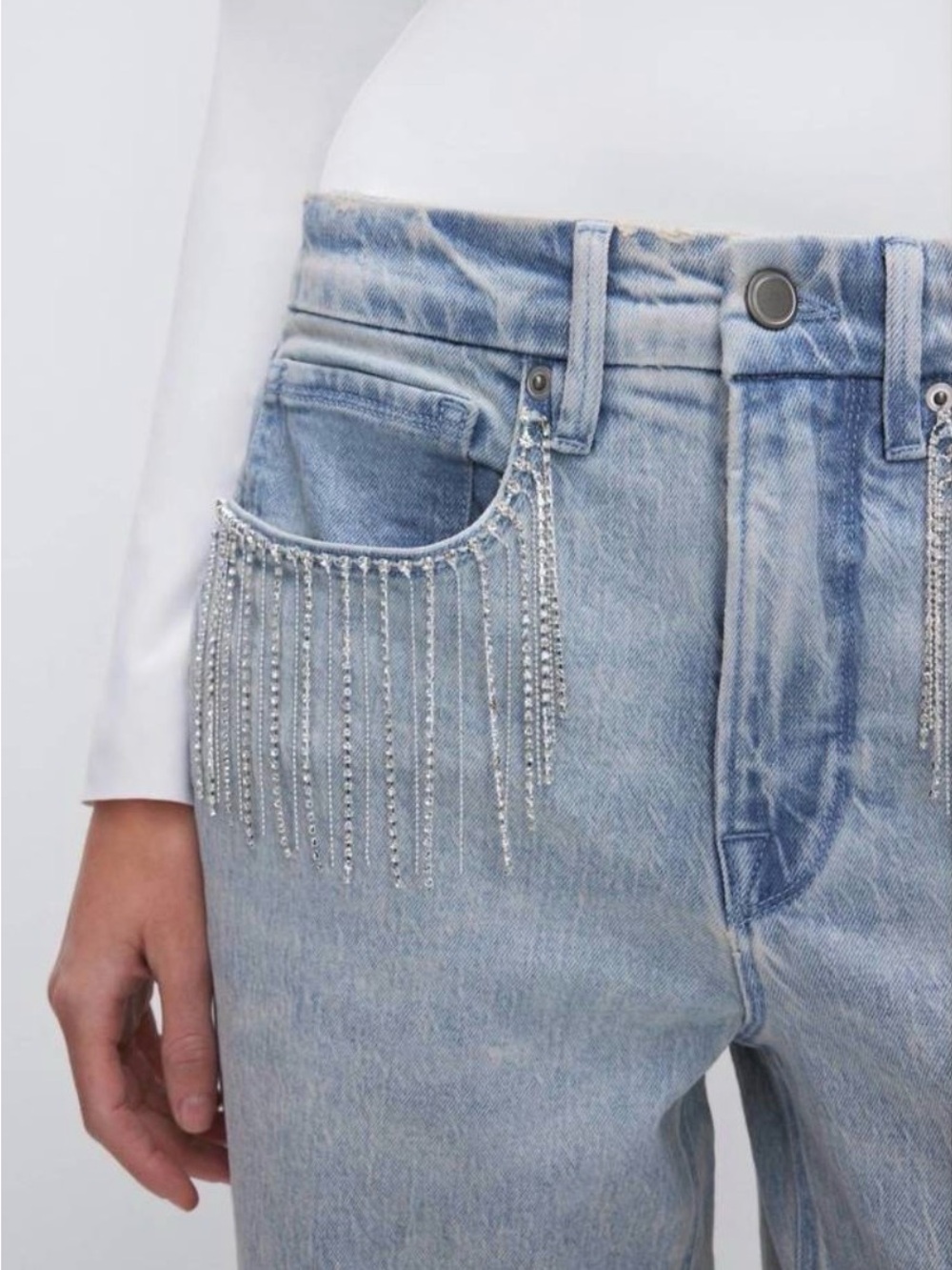 Good American Good 90’s Rhinestone Fringe Jeans Size 6/28
